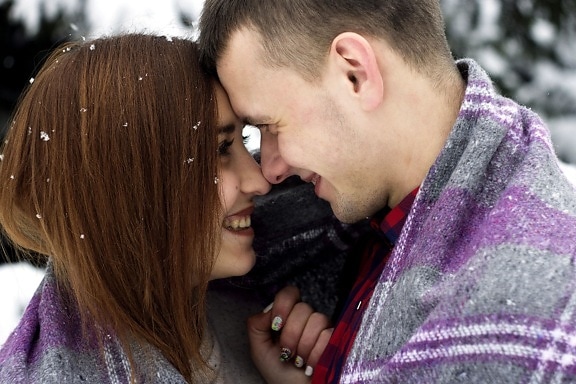 cute, couple, kissing, snow