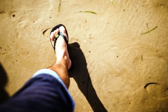 beach shoes, foot, sand, sea, seashore