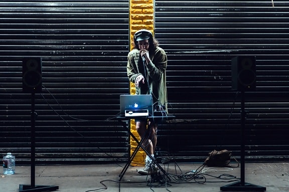 speakers, street, music, laptop computer, man