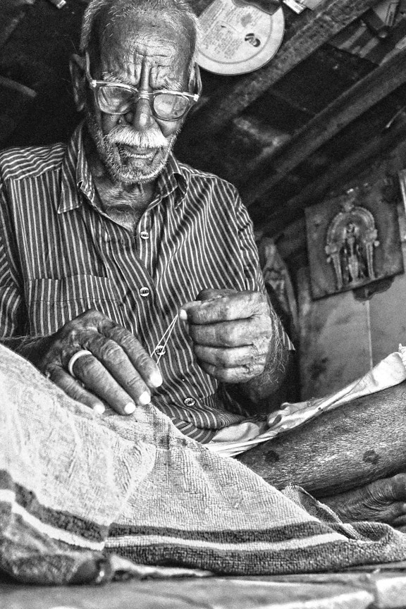elderly man, old person, sewing, cloth