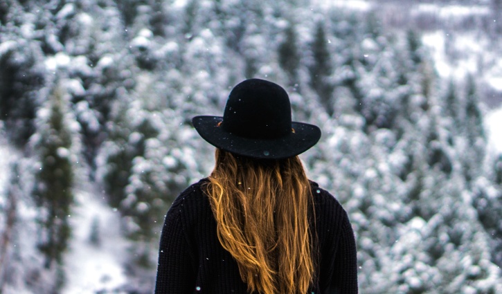 nieve, invierno, mujer, rubio, chaqueta, sombrero