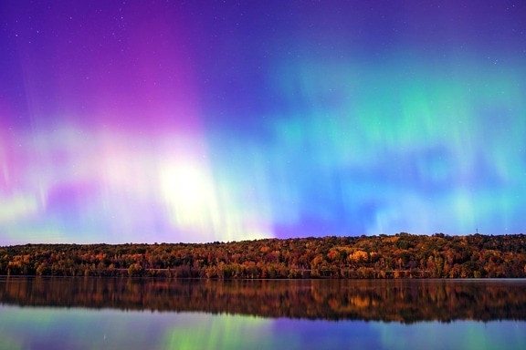 Aurora borealis, pelangi, refleksi air, langit