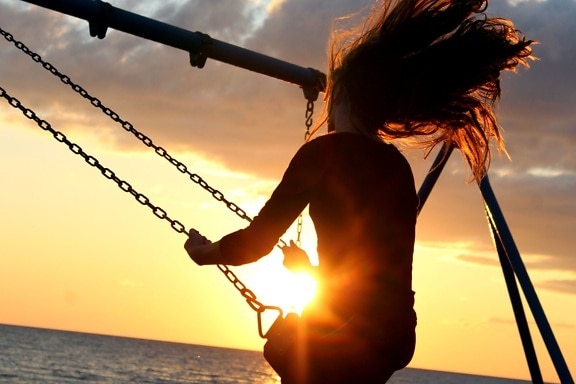 girl, swings, sunset
