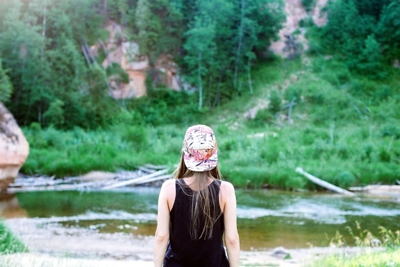 teenage girl, back, nature, river, hat