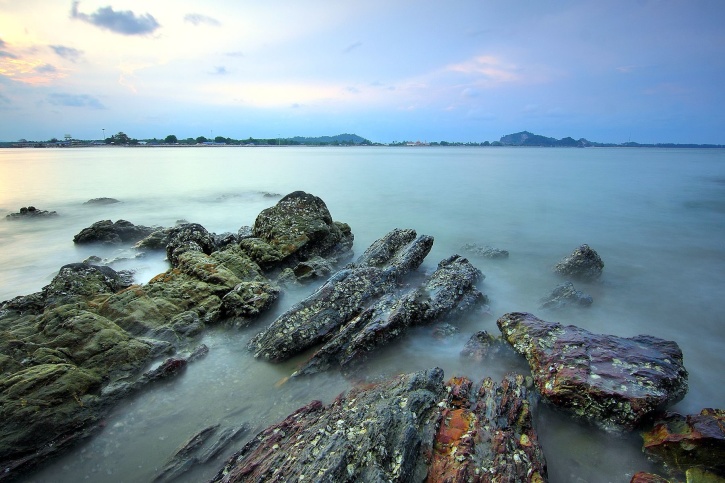 dawn, sea, rocks, mist, coastline