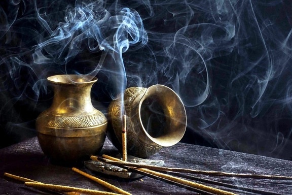 incense sticks, smoke, pots