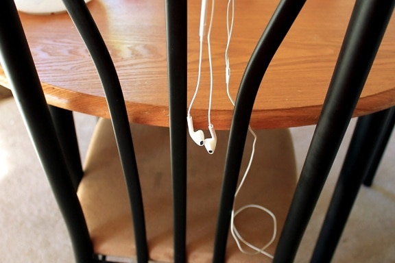 wooden chair, headphones, hanging