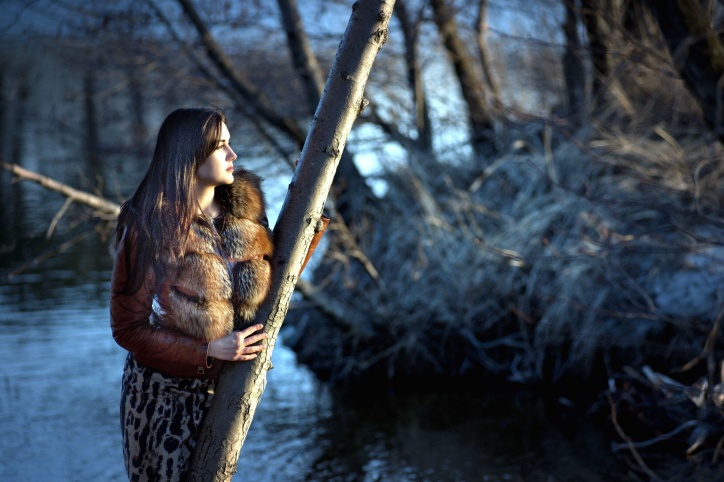 trees, water, woman, glamour, fur
