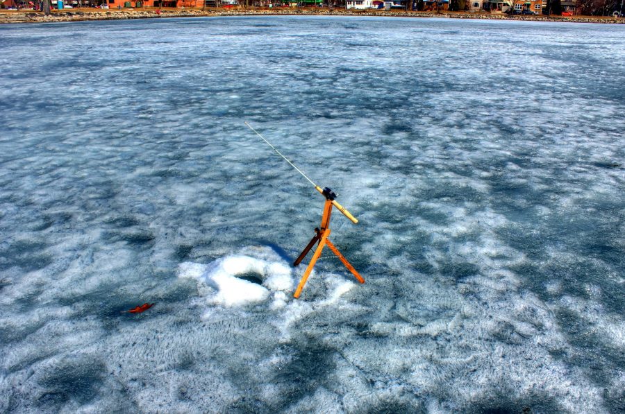 fishing pole, lake, ice