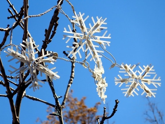 flocon de neige, lumière, décorations, arbre, branches