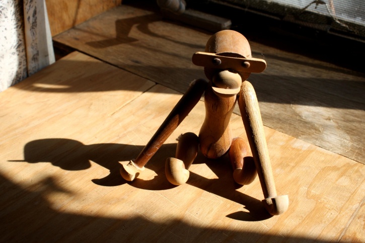 wooden toy, monkey, sunbeam, shadow