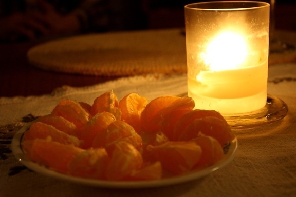 clementine, fruit, glass, candle