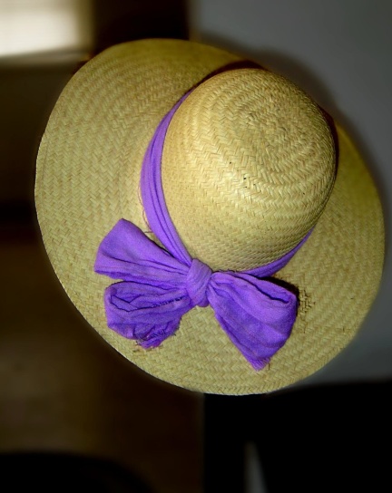 straw hat, purple bow