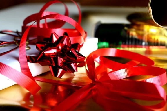 red ribbons, packages, decoration, paper