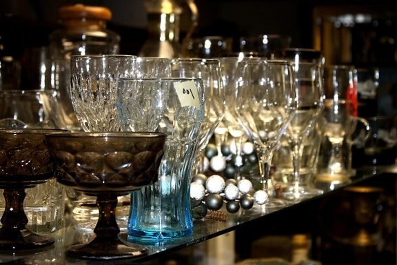 glassware, display, thrift shop