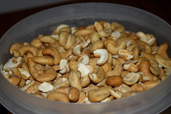 plastic tub, roasted cashew, nuts