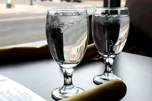 water, glasses, restaurant, table