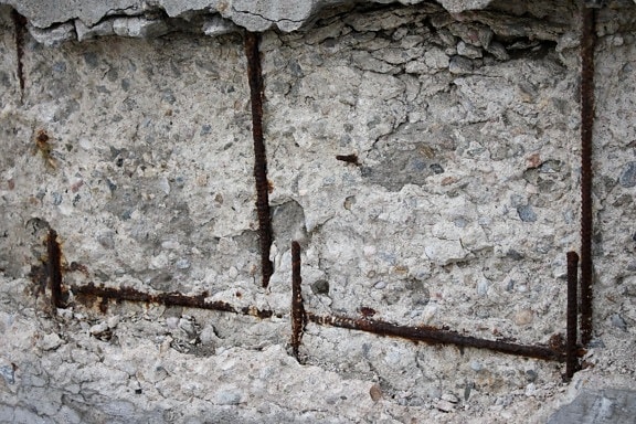 crumbling concrete, rusted, rebar, texture