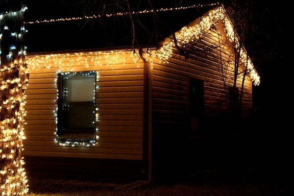 house, icicle, Christmas light, night