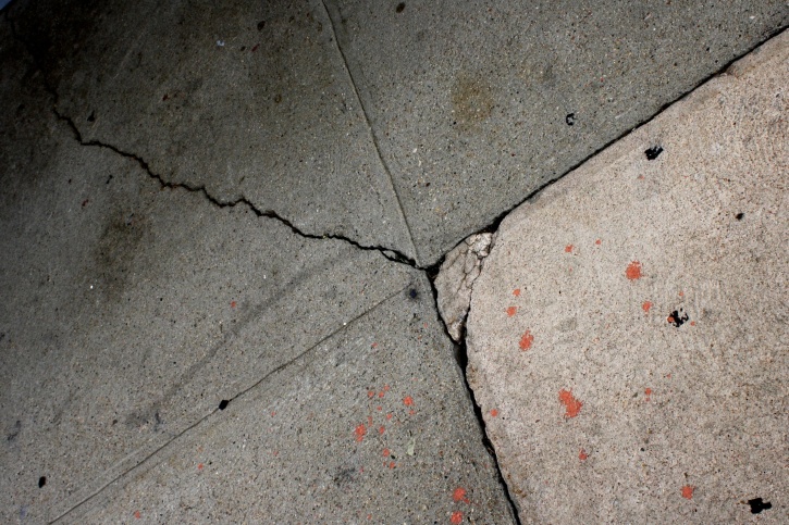 cement, sidewalk, cracks, paint, splatters