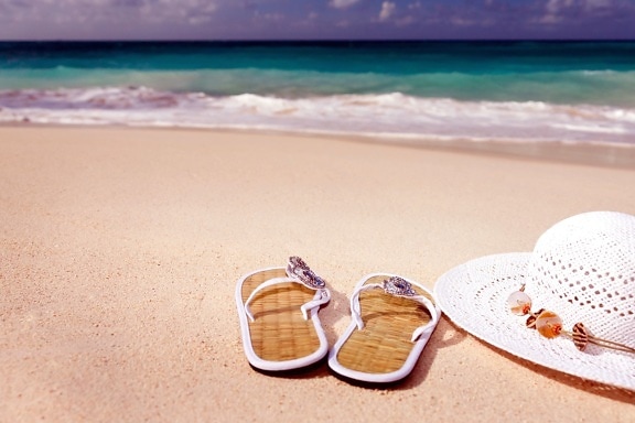 flip-flops, shoes, hat, ocean, sand, sea