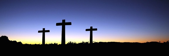 křesťanství, kříž, západ slunce, panoramatické, silueta
