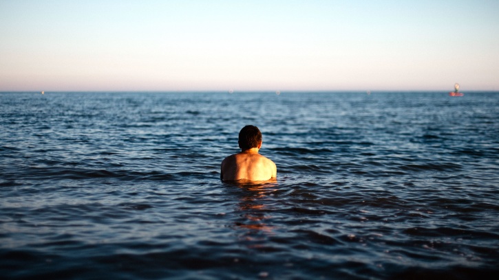 man, standing, swimming, water, ocean