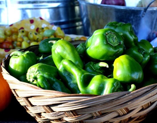 wicker basket, green peppers, vegetable