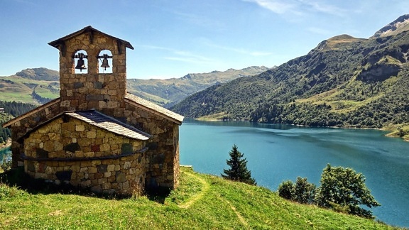 church, architecture, building, grass, hill, lake
