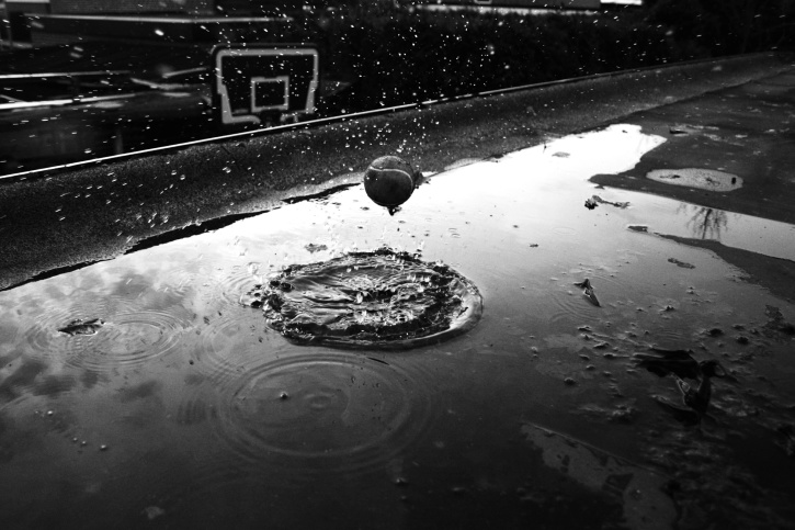 quadra de basquete, gotas, água, respingo, molhado