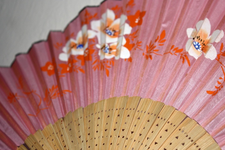 painted pink paper, Japanese, hand fan, close