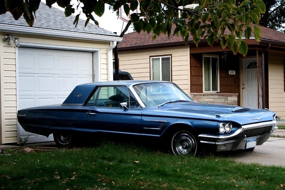 Oldtimer bil, garage, blå, retro, bil, køretøj, gade, hus