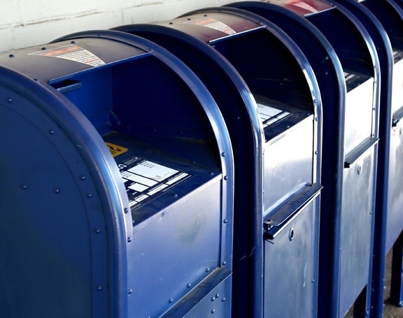 mailboxes, metal containers, blue paint
