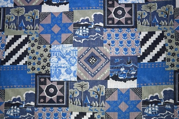 azul, textil, patchwork, colcha, tecido, textura