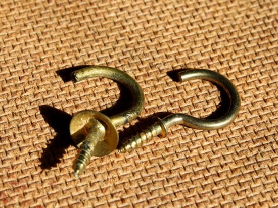 old, brass metal, wood screw, hooks