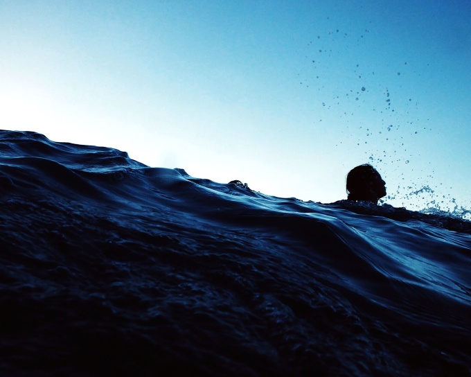 sea, person, silhouette, swimming, waves, water, sky