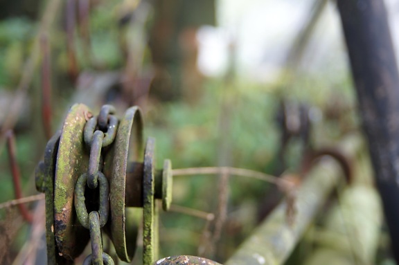 kov, řetězy, fragment, rez, staré, zemědělské stroje