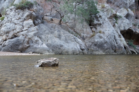 large stone, shallow river, nature, mountains