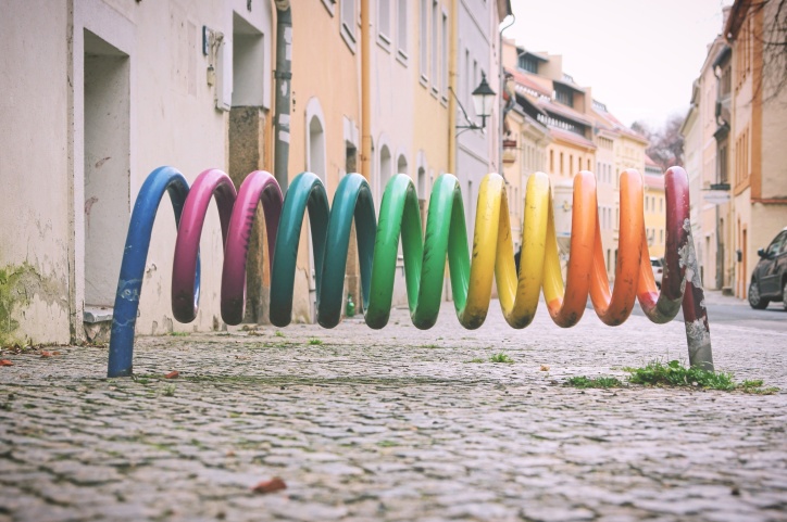 rainbow, bike rack, street, colorful, sidewalk