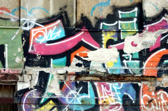 destruído, colorido, rua, graffiti, parede
