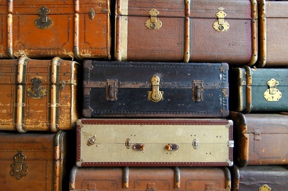 gamle, kofferter, stack, Lær, retro, reise