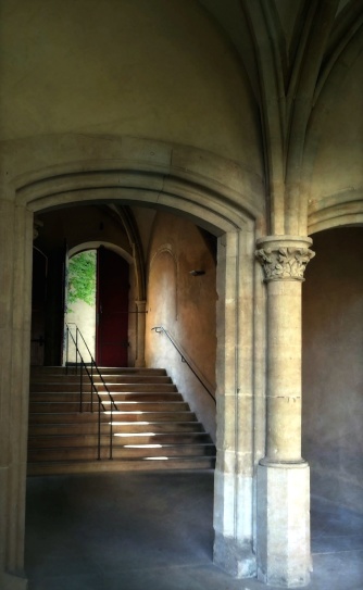 pillar, railings, stairs, stone, door, walls, arch