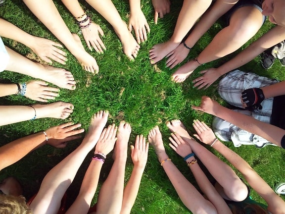 grass, group, hands, legs, people, teamwork