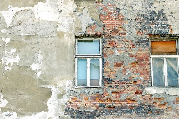 old bricks, wall, destroyed, windows, exterior, house, building