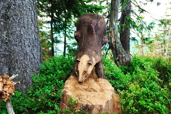 sculpture, animal, carved wood, tree trunk