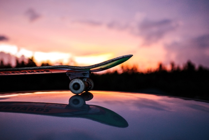 reflection, skateboard, sky, wheels, clouds, sunset, dusk
