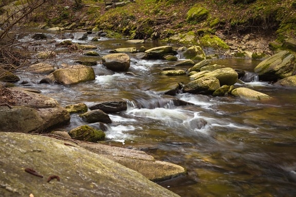 río de la montaña, naturaleza, río rocoso, aguas poco profundas, primavera, líquenes, musgos