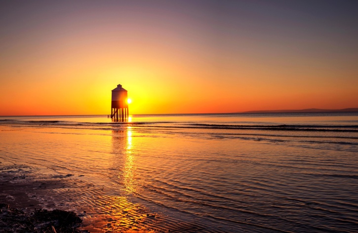 stranden, sunset, lighthouse, solopgang, roligt vand, natur, landskab, ocean