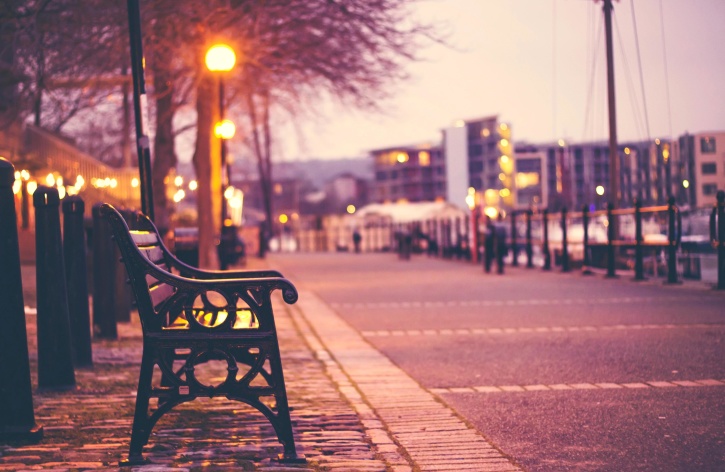 bench, light, urban, street, city, dawn, morning