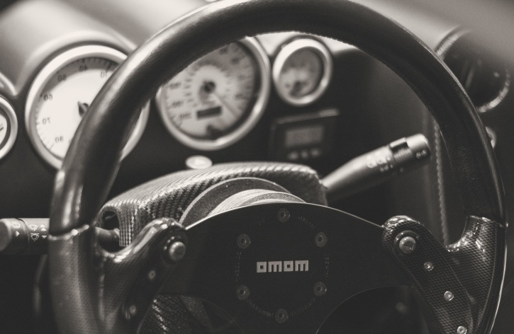 car interior, racing car, steering wheel, monochrome
